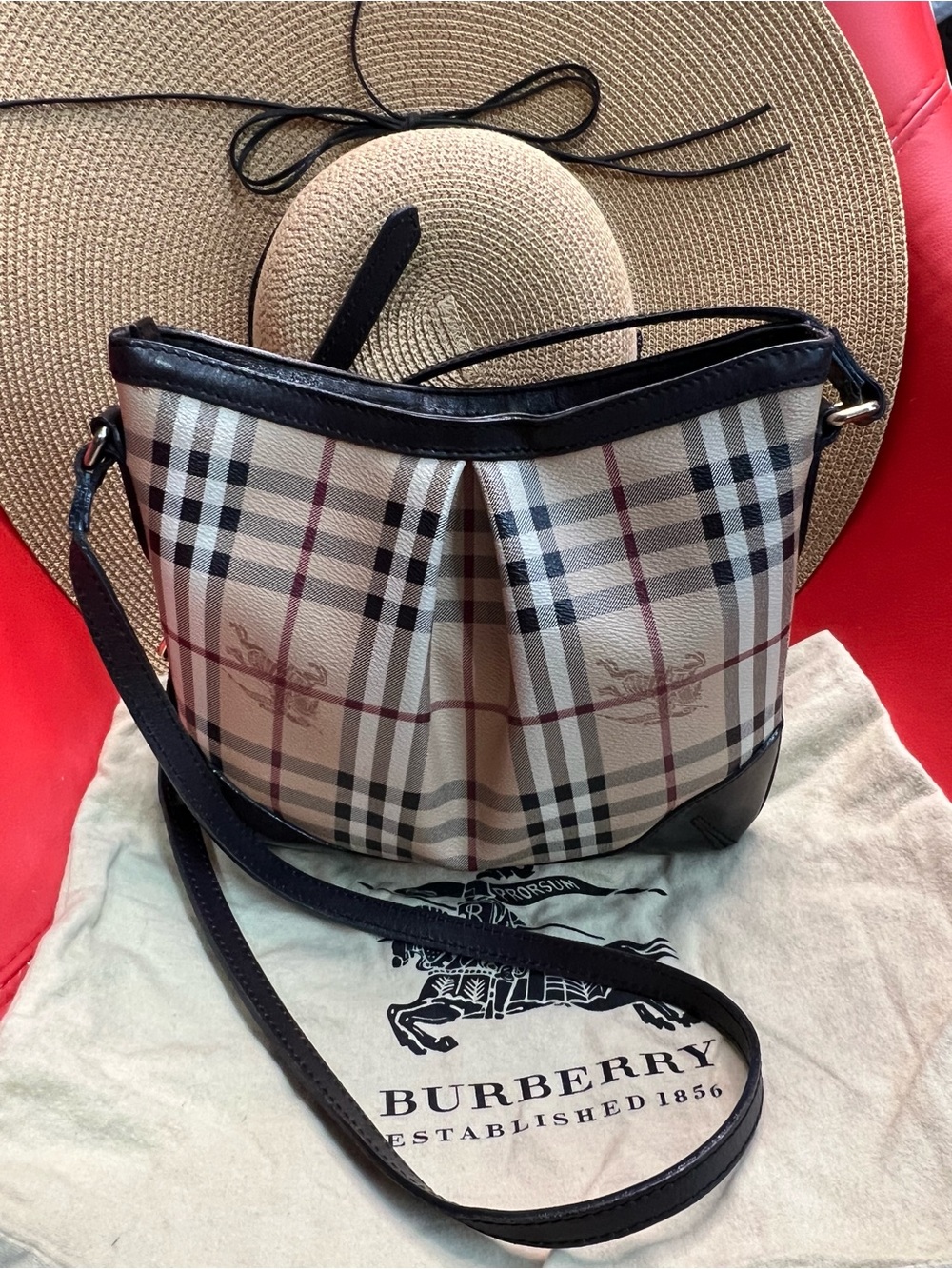 Burberry Tan Check Crossbody with Black Trim and Red Stripe